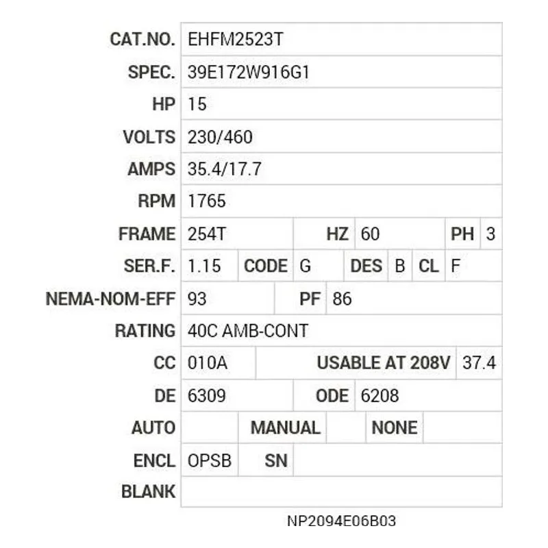 EHFM2523T Baldor 15 HP, 1765 RPM, 3 PH, 60 HZ, 254T, 3938M, OPSB, F2 Motor Nameplate - view 2