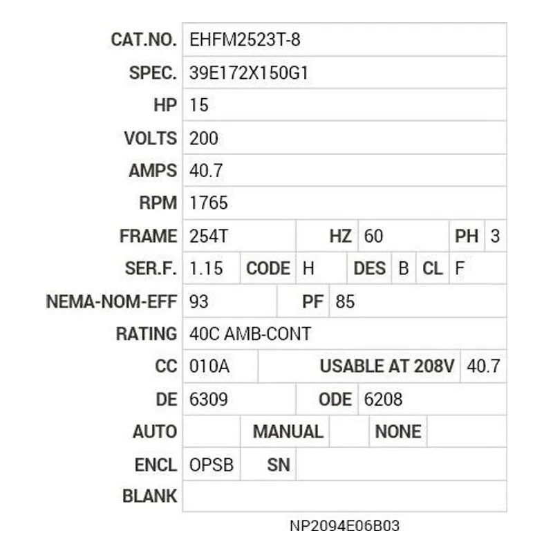 EHFM2523T-8 Baldor 15 HP, 1765 RPM, 3 PH, 60 HZ, 254T, 3938M, OPSB, F2 Motor Nameplate - view 2