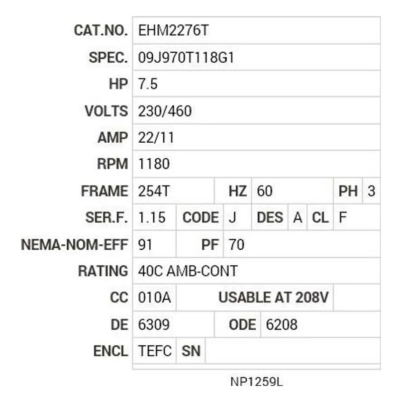 EHM2276T Baldor 7.5 HP, 1180 RPM, 3 PH, 60 HZ, 254T, 0954M, TEFC, F Motor Nameplate - view 2
