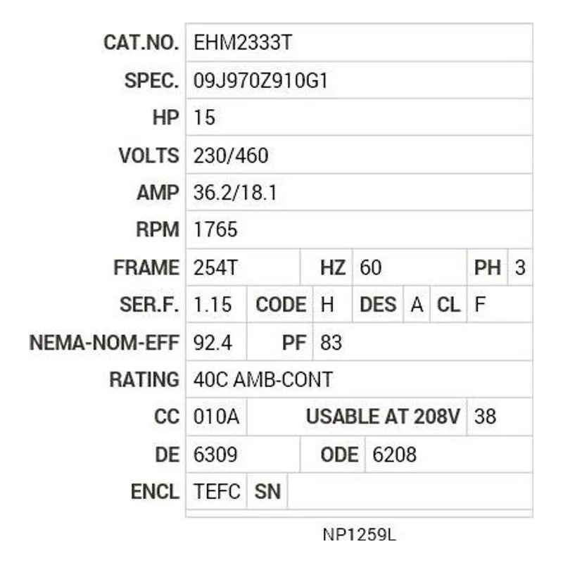EHM2333T Baldor 15 HP, 1765 RPM, 3 PH, 60 HZ, 254T, 0944M, TEFC, F1 Motor Nameplate - view 2