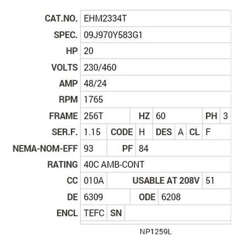 EHM2334T Baldor 20 HP, 1765 RPM, 3 PH, 60 HZ, 256T, 0952M, TEFC, F1 Motor Nameplate - view 2