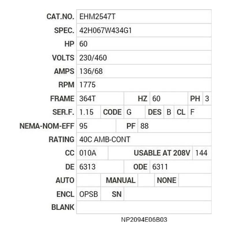 EHM2547T Baldor 60 HP, 1775 RPM, 3 PH, 60 HZ, 364T, 4272M, OPSB, F1 Motor Nameplate - view 2