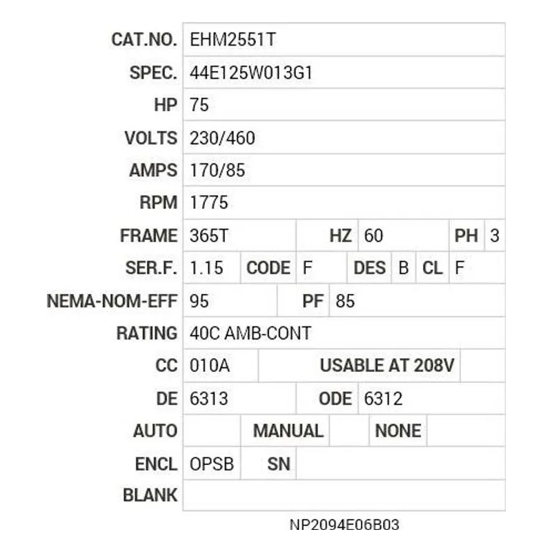 EHM2551T Baldor 75 HP, 1775 RPM, 3 PH, 60 HZ, 365T, 4462M, OPSB, F1 Motor Nameplate - view 2