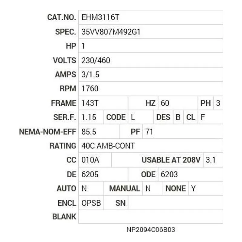 EHM3116T Baldor 1 HP, 1760 RPM, 3 PH, 60 HZ, 143T, 3519M, OPSB, F1 Motor Nameplate - view 2