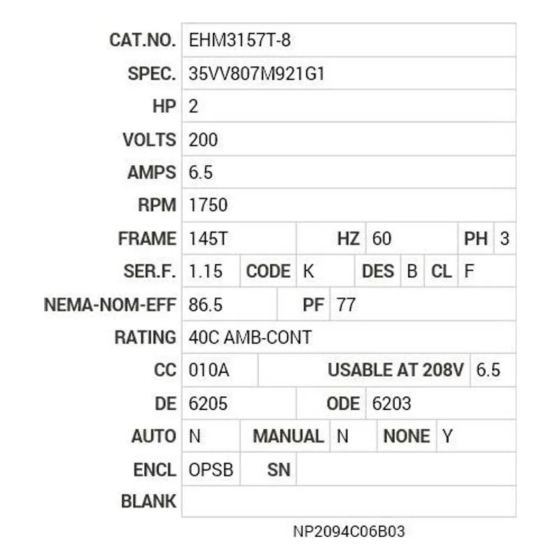 EHM3157T-8 Baldor 2 HP, 1750 RPM, 3 PH, 60 HZ, 145T, 3525M, OPSB, F1 Motor Nameplate - view 2
