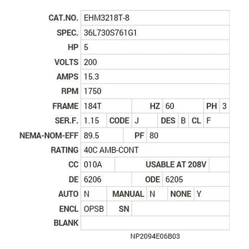 EHM3218T-8 Baldor 5 HP, 1750 RPM, 3 PH, 60 HZ, 184T, 3640M, OPSB, F1 Motor Nameplate - view 2