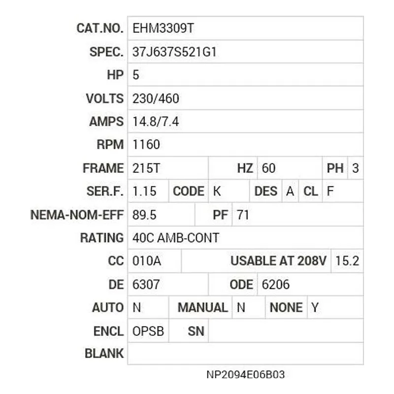 EHM3309T Baldor 5 HP, 1160 RPM, 3 PH, 60 HZ, 215T, 3744M, OPSB, F1 Motor Nameplate - view 2