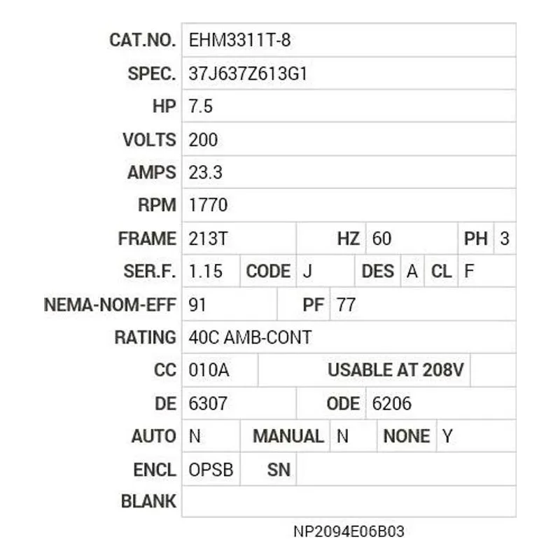 EHM3311T-8 Baldor 7.5 HP, 1770 RPM, 3 PH, 60 HZ, 213T, 3734M, OPSB, F Motor Nameplate - view 2