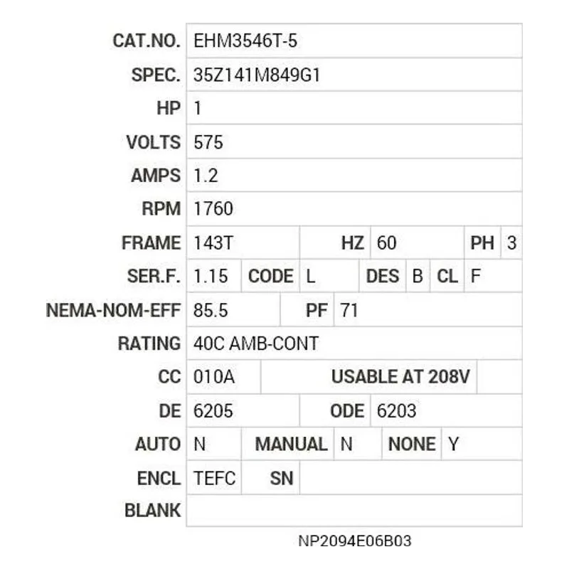 EHM3546T-5 Baldor 1 HP, 1760 RPM, 3 PH, 60 HZ, 143T, 3519M, TEFC, F1 Motor Nameplate - view 2