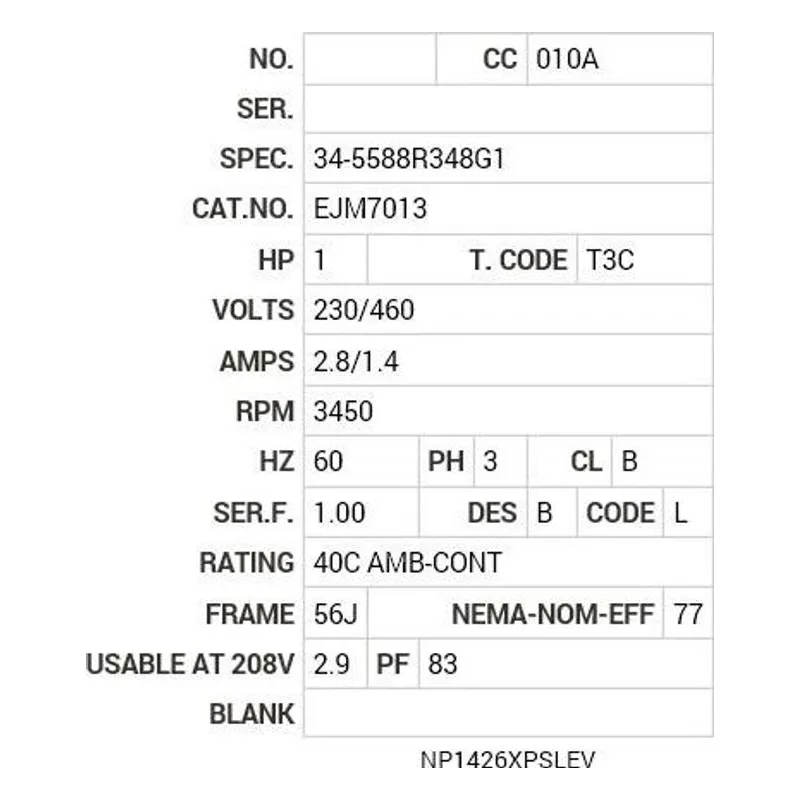 EJM7013 Baldor 1 HP, 3450 RPM, 3 PH, 60 HZ, 56J, 3418M, XPFC, F1, N Motor Nameplate - view 2