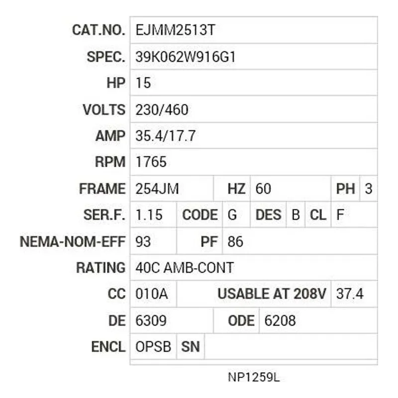 EJMM2513T Baldor 15HP/1765 RPM/3PH/OPSB/SUPER-E/254JM Motor Nameplate - view 2