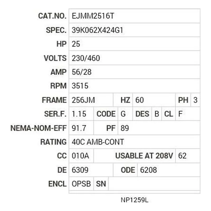 EJMM2516T Baldor 25 HP, 3515 RPM, 3 PH, 60 HZ, 256JM, 3938M, OPSB, F Motor Nameplate - view 2