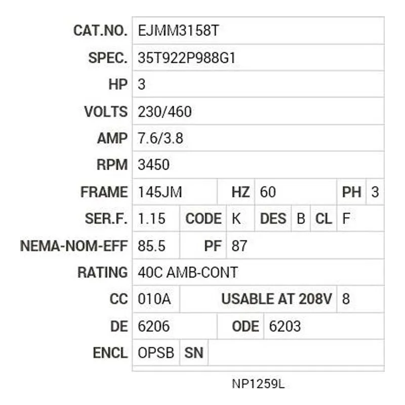 EJMM3158T Baldor 3 HP, 3450 RPM, 3 PH, 60 HZ, 145JM, 3530M, OPSB, F1 Motor Nameplate - view 2