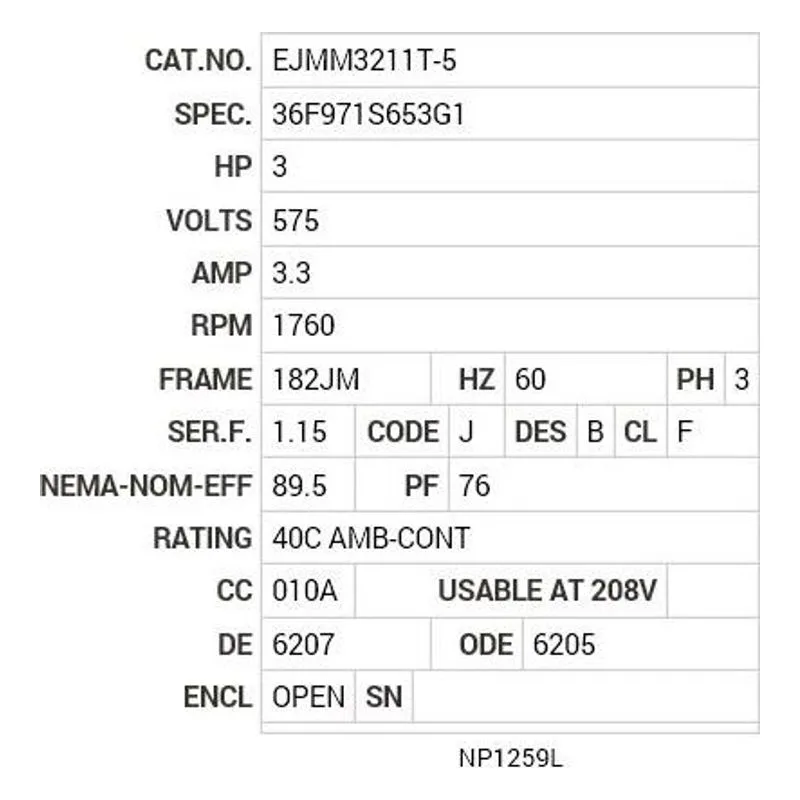 EJMM3211T-5 Baldor 3 HP, 1760 RPM, 3 PH, 60 HZ, 182JM, 3630M, OPEN, F1 Motor Nameplate - view 2