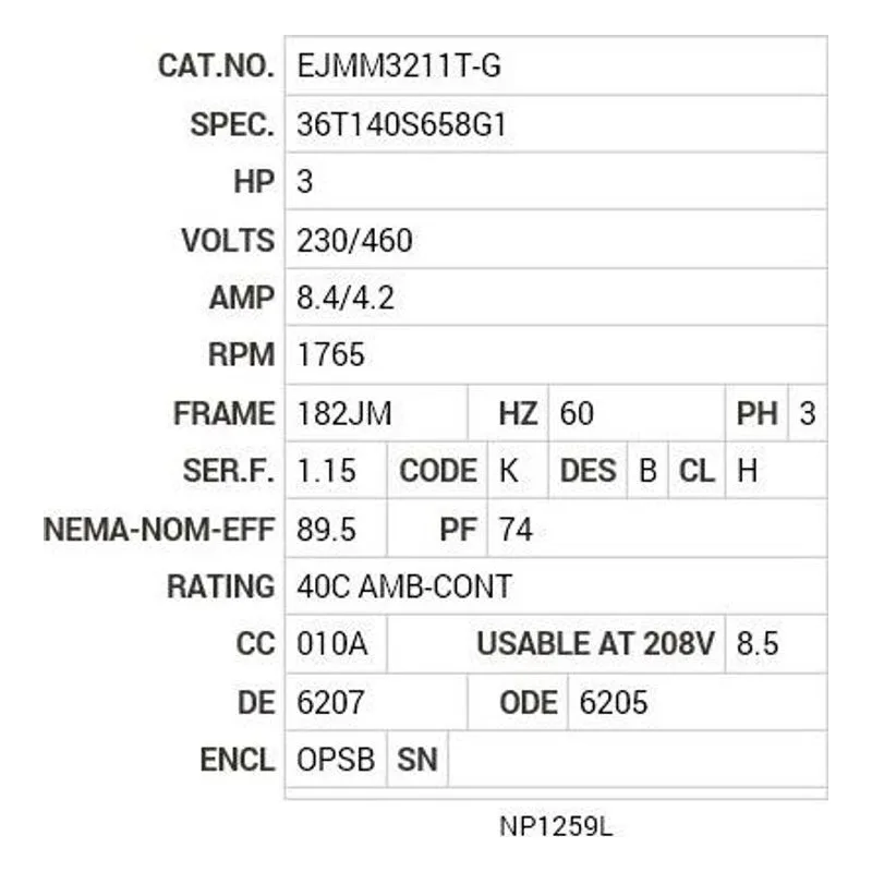 EJMM3211T-G Baldor 3 HP, 1765 RPM, 3 PH, 60 HZ, 182JM, 3630M, OPSB, F1 Motor Nameplate - view 2