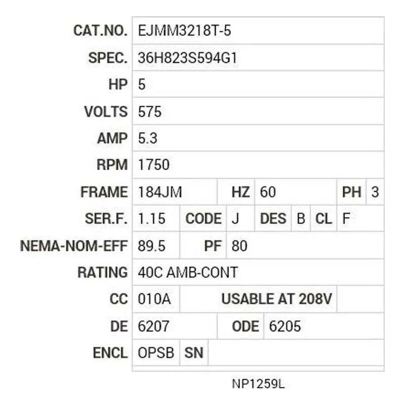 EJMM3218T-5 Baldor 5 HP, 1750 RPM, 3 PH, 60 HZ, 184JM, 3640M, OPSB, F1 Motor Nameplate - view 2