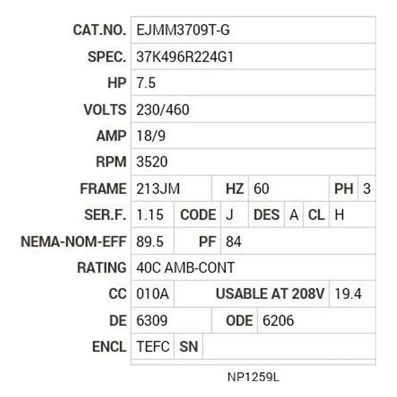 EJMM3709T-G Baldor 7.5 HP, 3520 RPM, 3 PH, 60 HZ, 213JM, 3728M, TEFC Motor Nameplate - view 2
