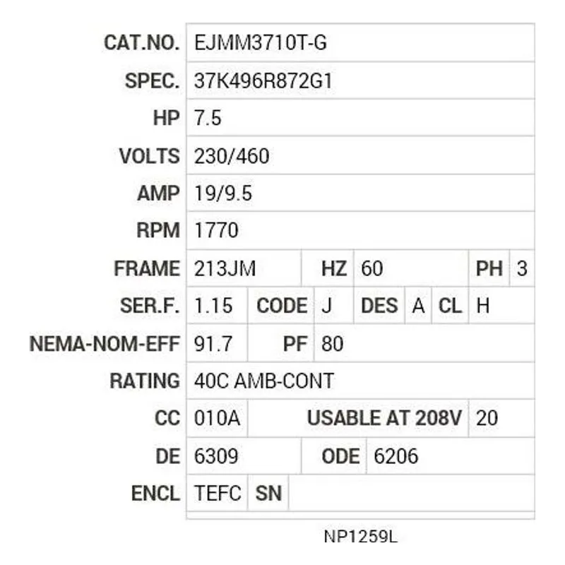 EJMM3710T-G Baldor 7.5 HP, 1770 RPM, 3 PH, 60 HZ, 213JM, 3738M, TEFC Motor Nameplate - view 2