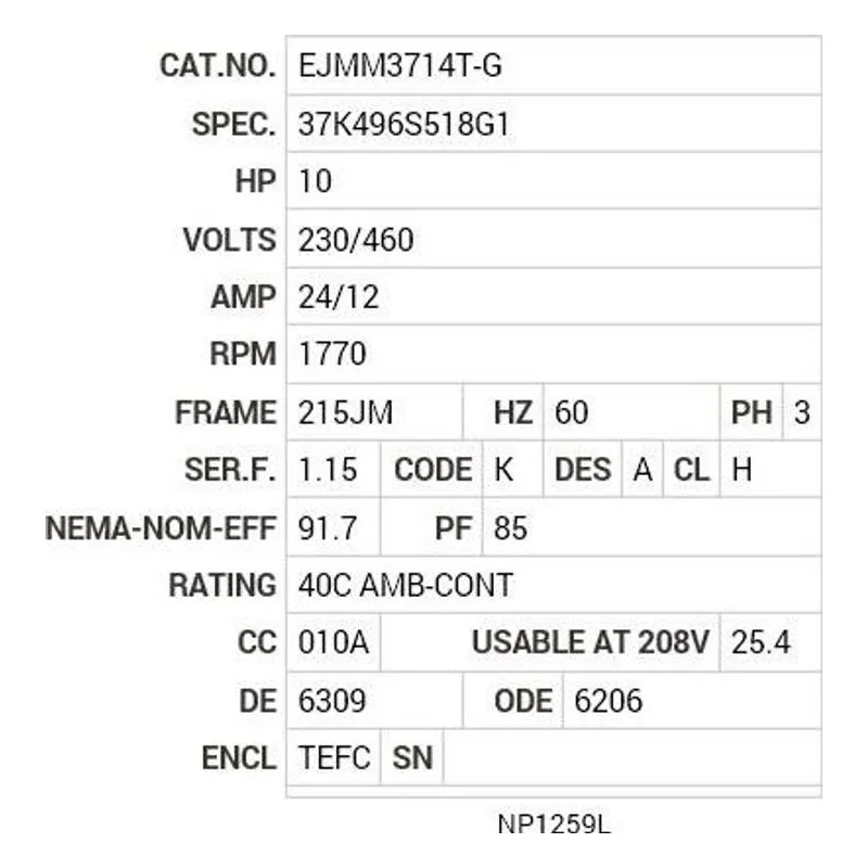 EJMM3714T-G Baldor 10 HP, 1770 RPM, 3 PH, 60 HZ, 215JM, 3752M, TEFC, F Motor Nameplate - view 2