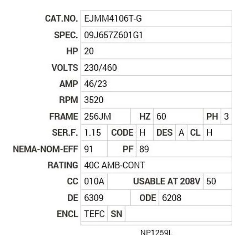 EJMM4106T-G Baldor 20 HP, 3520 RPM, 3 PH, 60 HZ, 256JM, 0936M, TEFC, F Motor Nameplate - view 2
