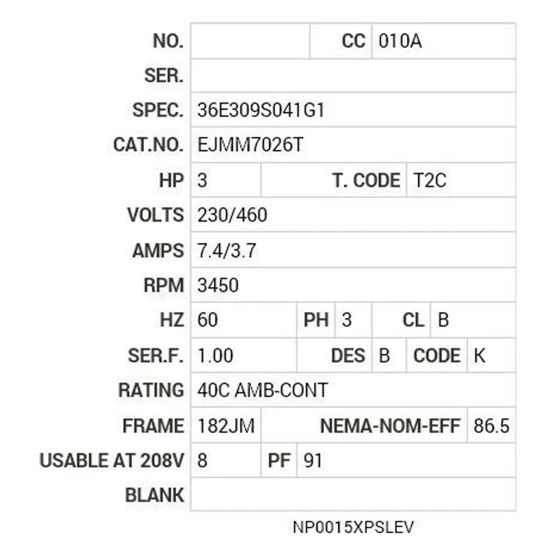 EJMM7026T Baldor 3 HP, 3450 RPM, 3 PH, 60 HZ, 182JM, 3622M, XPFC, F1 Motor Nameplate - view 2
