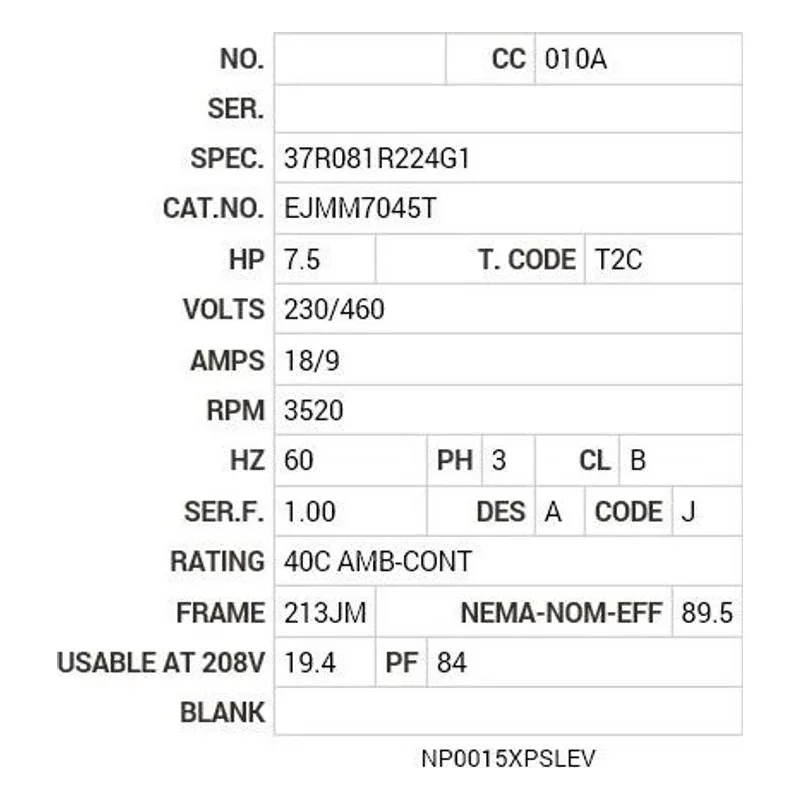 EJMM7045T Baldor 7.5 HP, 3520 RPM, 3 PH, 60 HZ, 213JM, 3728M, XPFC Motor Nameplate - view 2