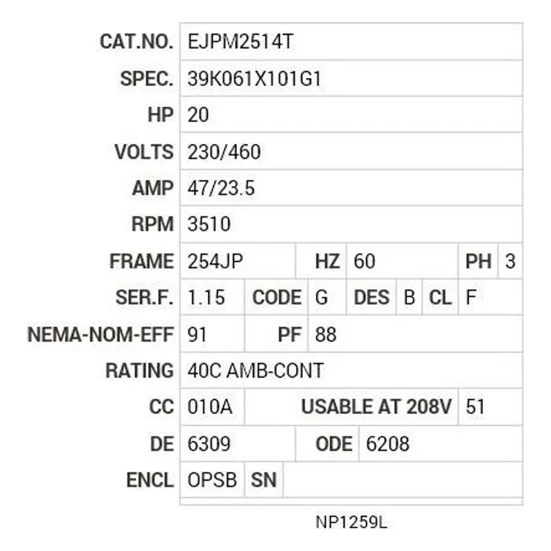 EJPM2514T Baldor 20 HP, 3510 RPM, 3 PH, 60 HZ, 254JP, 3928M, OPSB, F Motor Nameplate - view 2