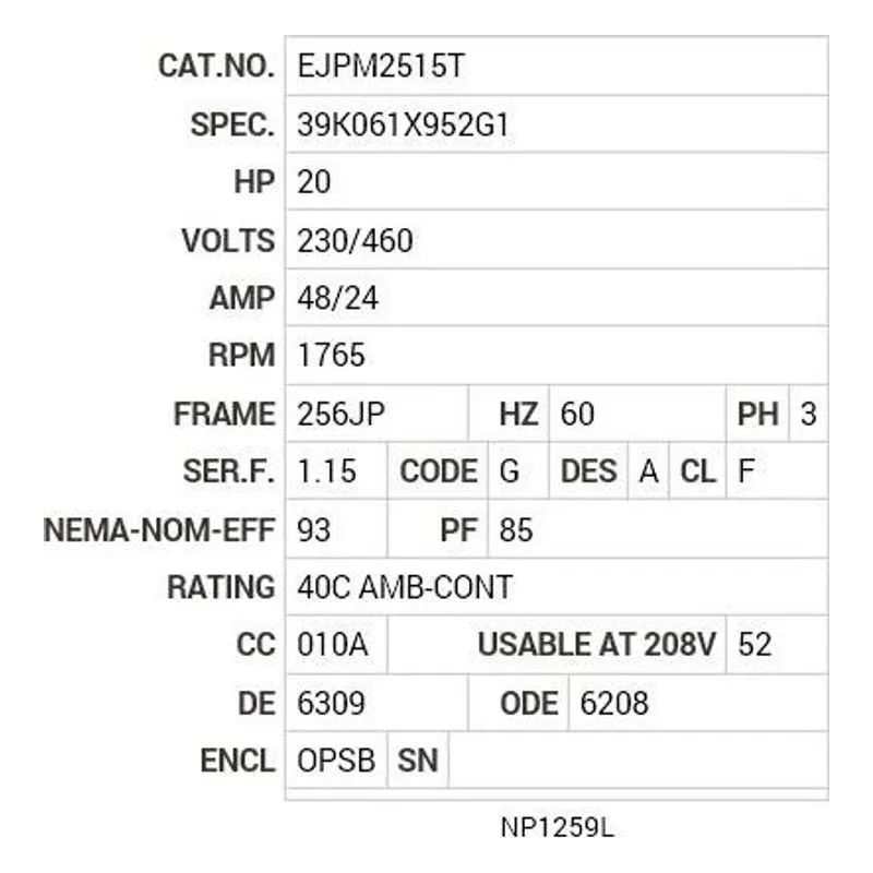 EJPM2515T Baldor 20 HP, 1765 RPM, 3 PH, 60 HZ, 256JP, 3948M, OPSB, F Motor Nameplate - view 2