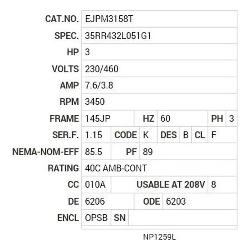EJPM3158T Baldor 3 HP, 3450 RPM, 3 PH, 60 HZ, 145JP, 3528M, OPSB, F1 Motor Nameplate - view 2