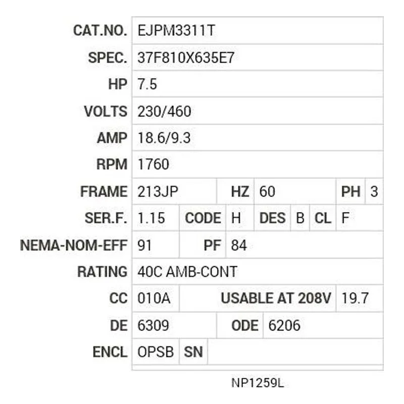EJPM3311T Baldor 7.5HP/1760 RPM/3PH/OPSB/NEMA 213JP Motor Nameplate - view 2
