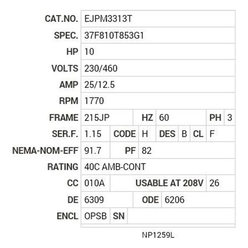 EJPM3313T Baldor 10 HP, 1770 RPM, 3 PH, 60 HZ, 215JP, 3739M, OPSB, F Motor Nameplate - view 2