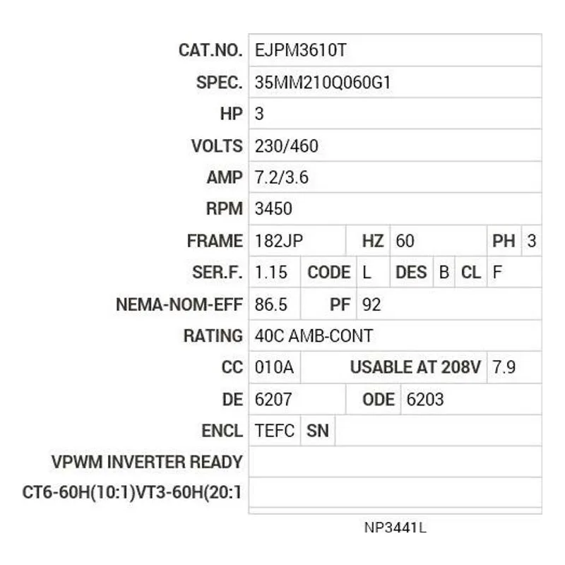 EJPM3610T Baldor 3 HP, 3450 RPM, 3 PH, 60 HZ, 182JP, 3532M, TEFC, F1 Motor Nameplate - view 2