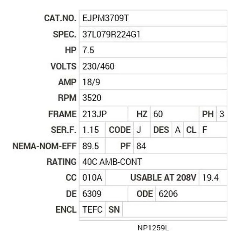 EJPM3709T Baldor 7.5 HP, 3520 RPM, 3 PH, 60 HZ, 213JP, 3728M, TEFC Motor Nameplate - view 2