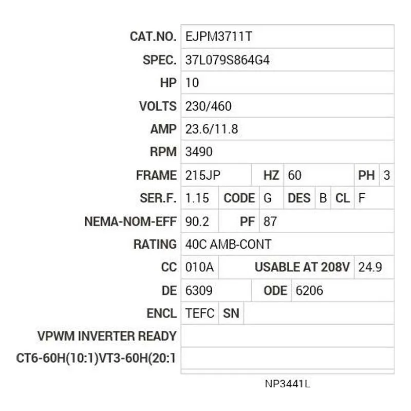 EJPM3711T Baldor 10 HP, 3490 RPM, 3 PH, 60 HZ, 215JP, 3729M, TEFC, F Motor Nameplate - view 2