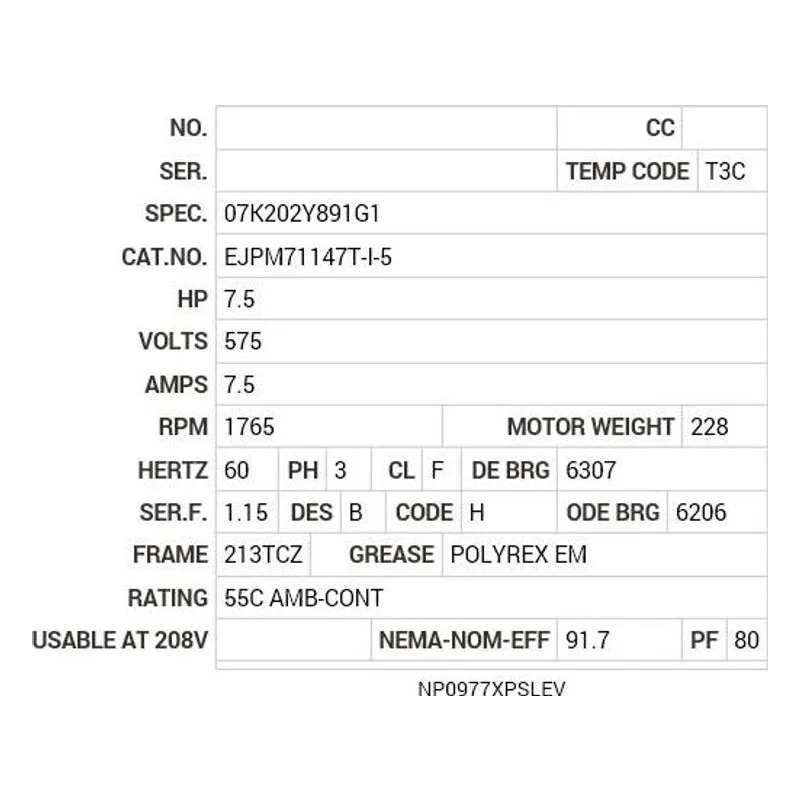 EJPM71147T-I-5 Baldor 7.5 HP, 1765 RPM, 3 PH, 60 HZ, 213TCZ, 0737M, XPFC Motor Nameplate - view 2