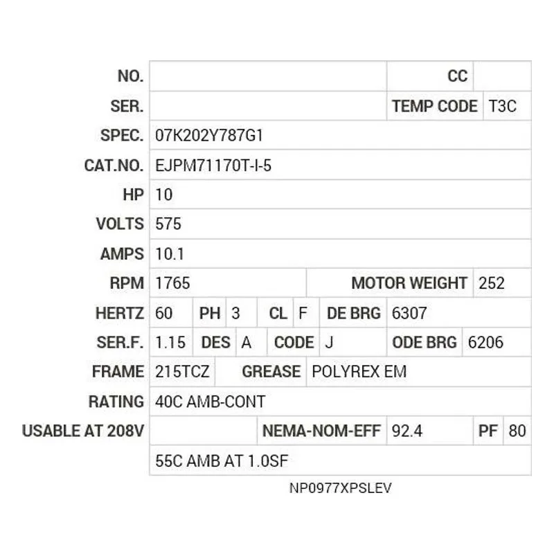 EJPM71170T-I-5 Baldor 10 HP, 1765 RPM, 3 PH, 60 HZ, 215TCZ, 0750M, XPFC Motor Nameplate - view 2