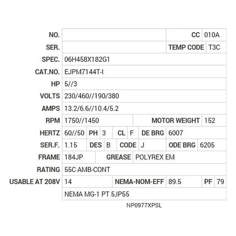 EJPM7144T-I Baldor 5//3 HP, 1750//1450 RPM, 3 PH, 60//50 HZ, 184JP Motor Nameplate - view 2