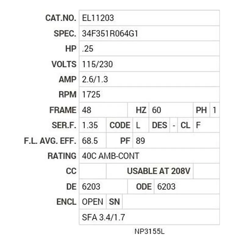 EL11203 Baldor .25 HP, 1725 RPM, 1 PH, 60 HZ, 48, 3411LC, OPEN, F1 Motor Nameplate - view 2