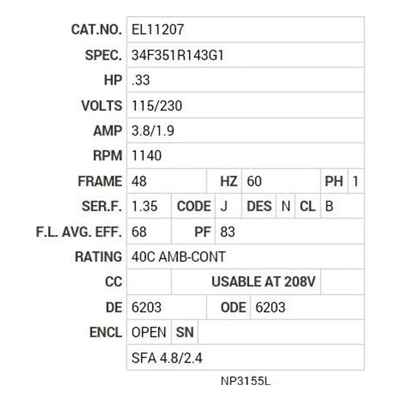 EL11207 Baldor .33 HP, 1140 RPM, 1 PH, 60 HZ, 48, 3421LC, OPEN, F1 Motor Nameplate - view 2