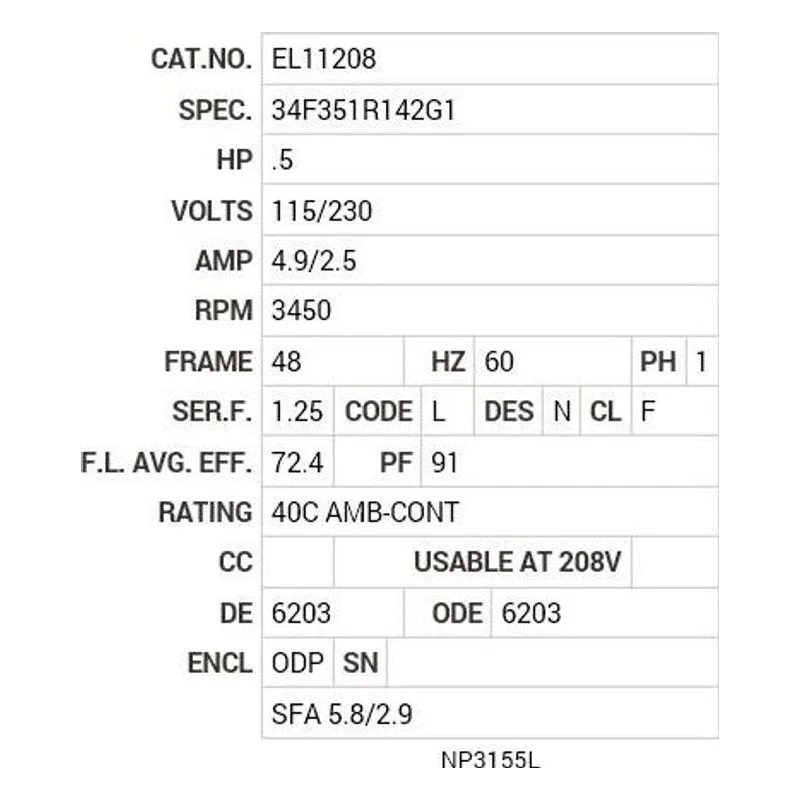 EL11208 Baldor .5 HP, 3450 RPM, 1 PH, 60 HZ, 48, 3413LC, ODP, F1, N Motor Nameplate - view 2