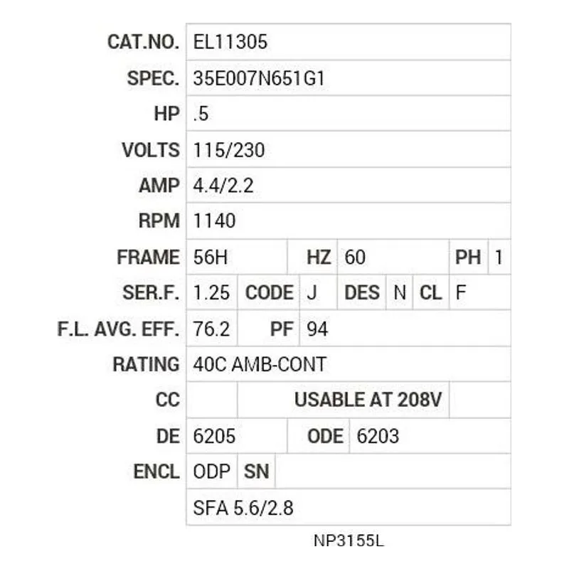 EL11305 Baldor .5 HP, 1140 RPM, 1 PH, 60 HZ, 56H, 3526LC, ODP, F1 Motor Nameplate - view 2