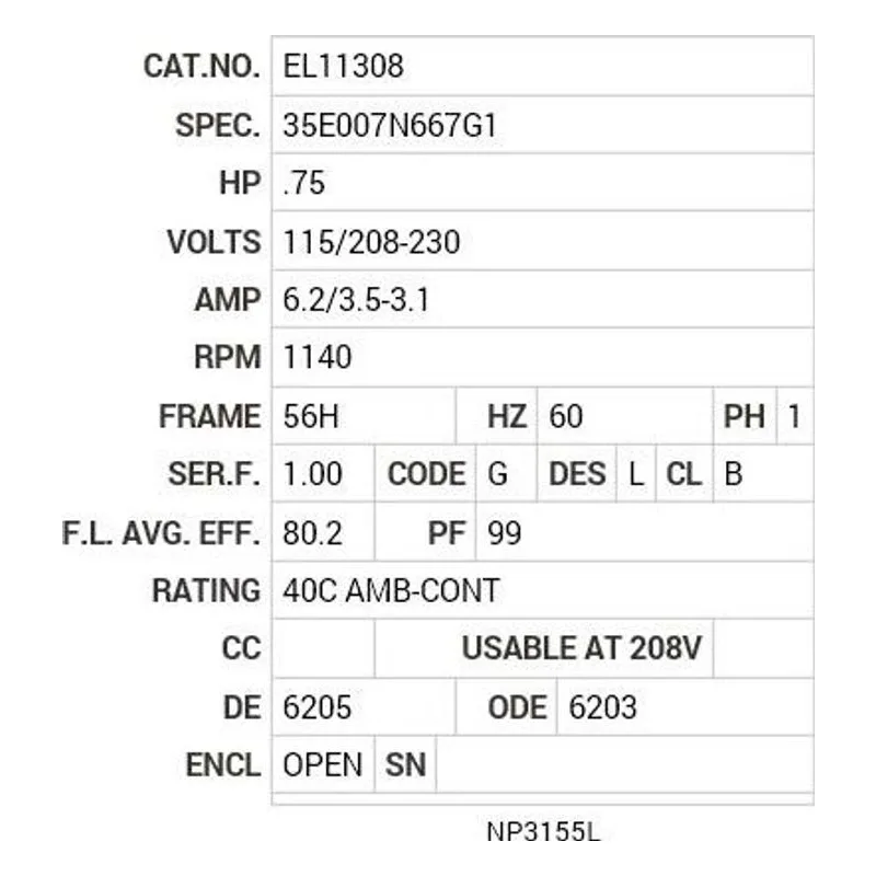 EL11308 Baldor .75 HP, 1140 RPM, 1 PH, 60 HZ, 56H, 3530LC, OPEN, F Motor Nameplate - view 2