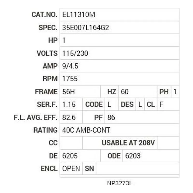 EL11310M Baldor 1 HP, 1755 RPM, 1 PH, 60 HZ, 56H, 3528LC, OPEN, F1 Motor Nameplate - view 2