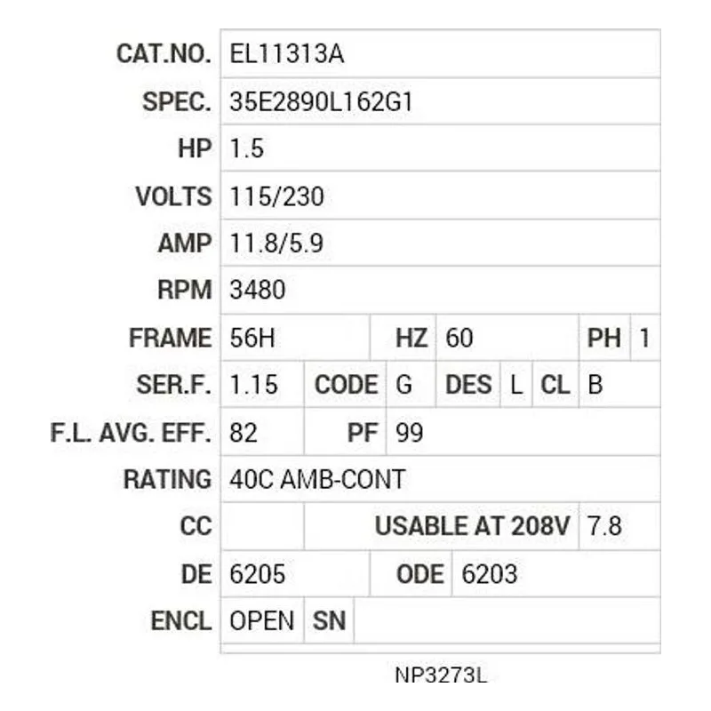 EL11313A Baldor 1.5 HP, 3480 RPM, 1 PH, 60 HZ, 56H, 3532LC, OPEN, F Motor Nameplate - view 2