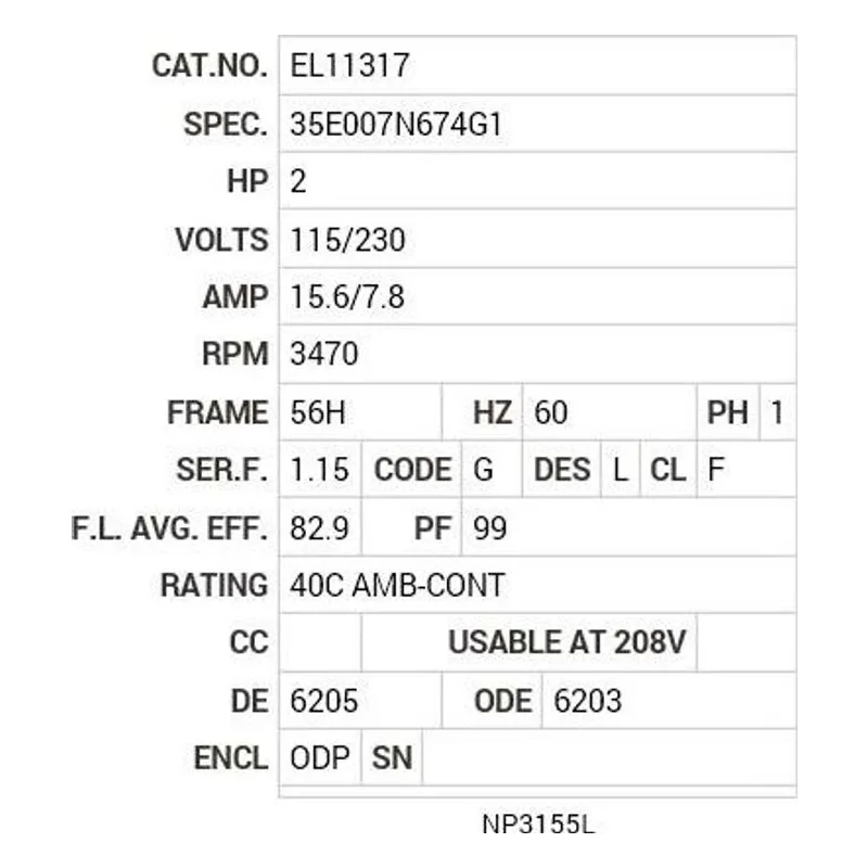 EL11317 Baldor 2 HP, 3470 RPM, 1 PH, 60 HZ, 56H, 3540LC, ODP, F1, N Motor Nameplate - view 2