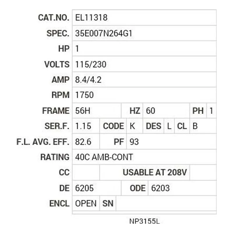 EL11318 Baldor 1 HP, 1750 RPM, 1 PH, 60 HZ, 56H, 3528LC, OPEN, F1 Motor Nameplate - view 2