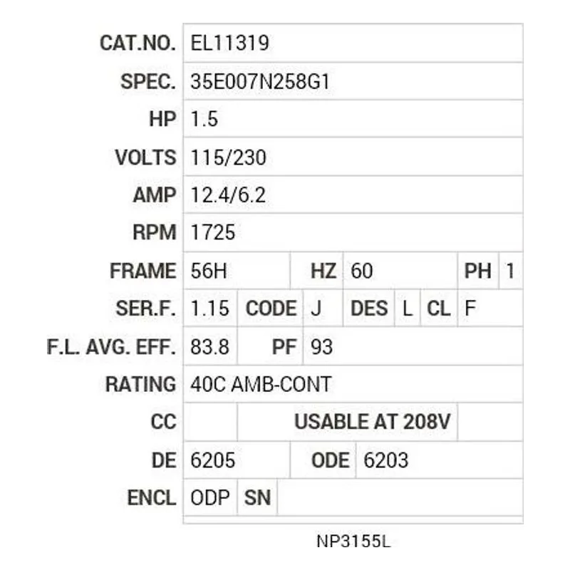 EL11319 Baldor 1.5 HP, 1725 RPM, 1 PH, 60 HZ, 56H, 3540LC, ODP, F1 Motor Nameplate - view 2