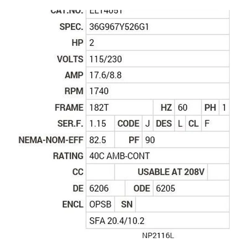 EL1405T Baldor 2 HP, 1740 RPM, 1 PH, 60 HZ, 182T, 3623LC, OPSB, F1 Motor Nameplate - view 2