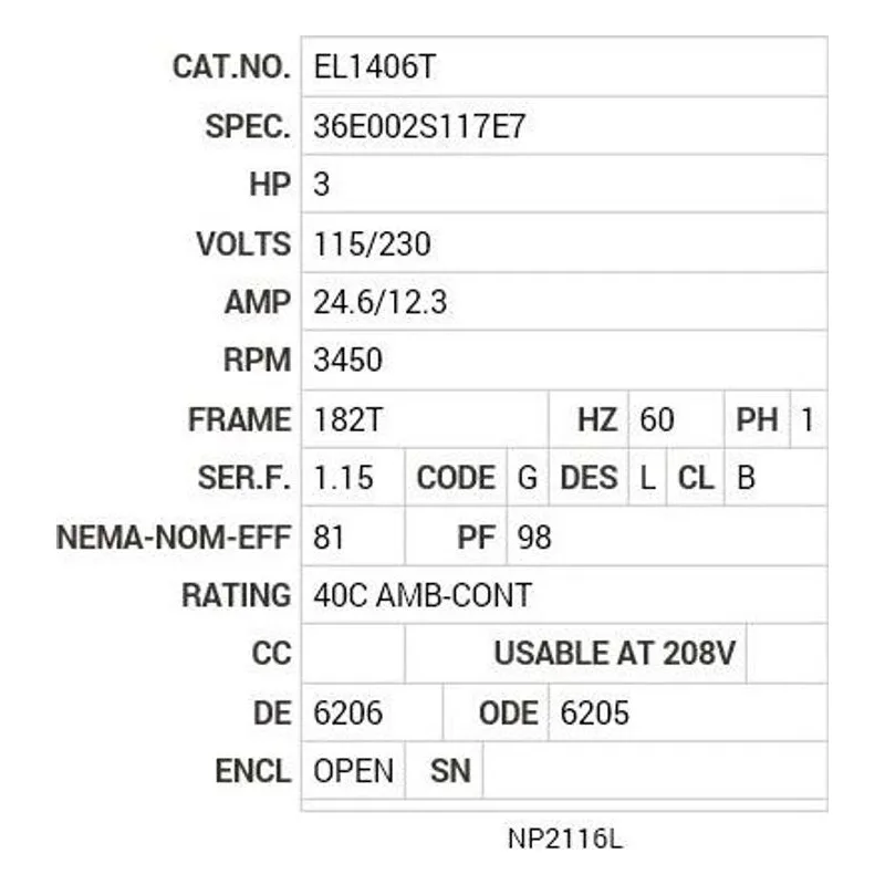 EL1406T Baldor 3 HP, 3450 RPM, 1 PH, 60 HZ, 182T, 3628LC, OPEN, F1 Motor Nameplate - view 2