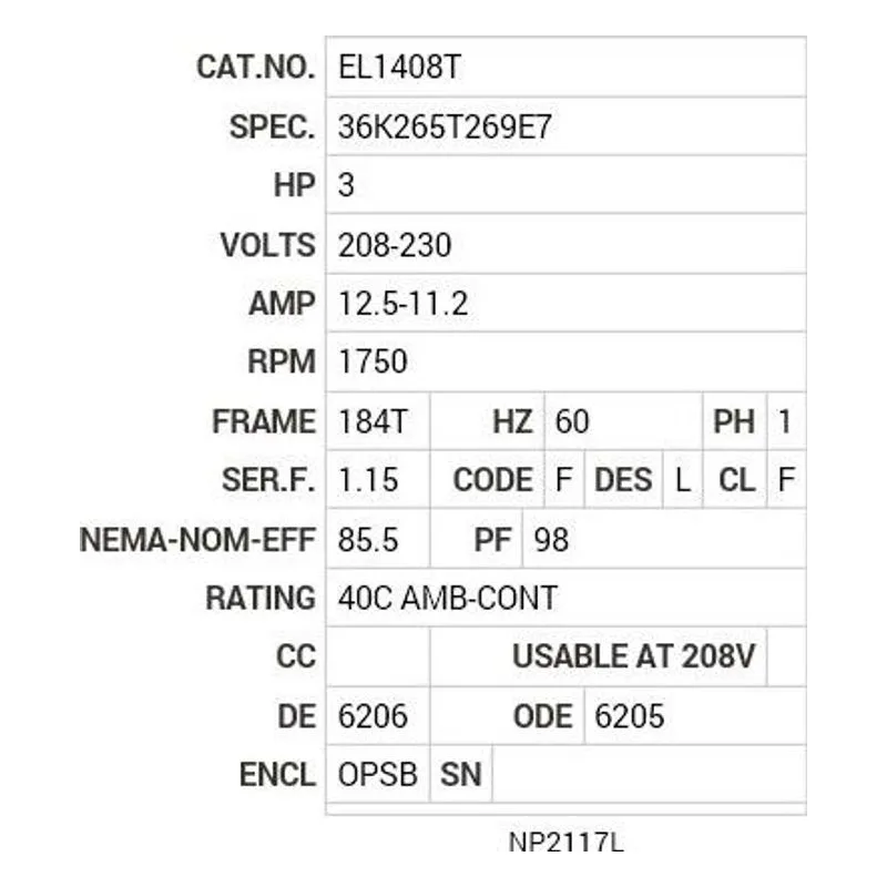 EL1408T Baldor 3 HP, 1755 RPM, 1 PH, 60 HZ, 184T, 3634LC, OPSB, F1 Motor Nameplate - view 2